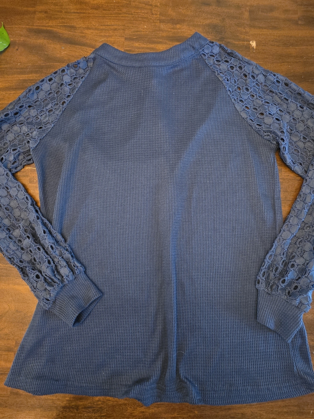 MIHOLL Blue Waffle Knit Top with Sheer Lace Balloon Sleeves